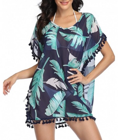 Cover-Ups Women Chiffon Tassel Swimsuit Cover Ups Beach Bathing Suit Cover Ups for Swimwear - Blue Leaves - CJ193LEH6TZ $35.86