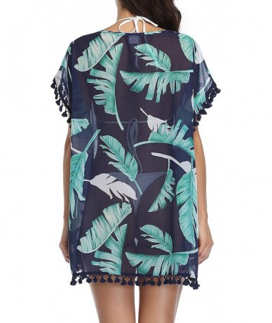 Cover-Ups Women Chiffon Tassel Swimsuit Cover Ups Beach Bathing Suit Cover Ups for Swimwear - Blue Leaves - CJ193LEH6TZ $35.86