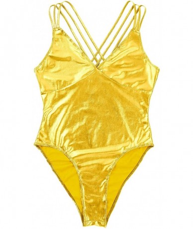 One-Pieces Women's Shiny Metallic Deep V-Neck Crossback Tank Leotard Bodysuit Strappy Swimwear - Gold - CE18T6L0ZLQ $35.04