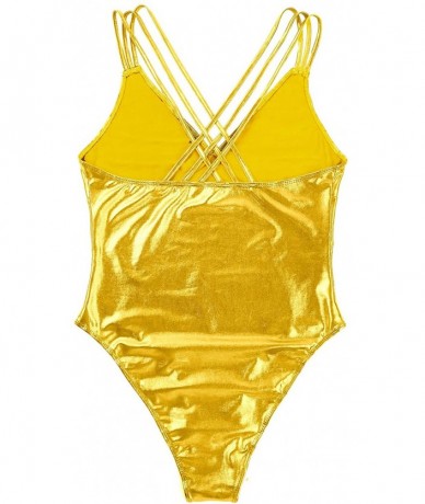 One-Pieces Women's Shiny Metallic Deep V-Neck Crossback Tank Leotard Bodysuit Strappy Swimwear - Gold - CE18T6L0ZLQ $35.04