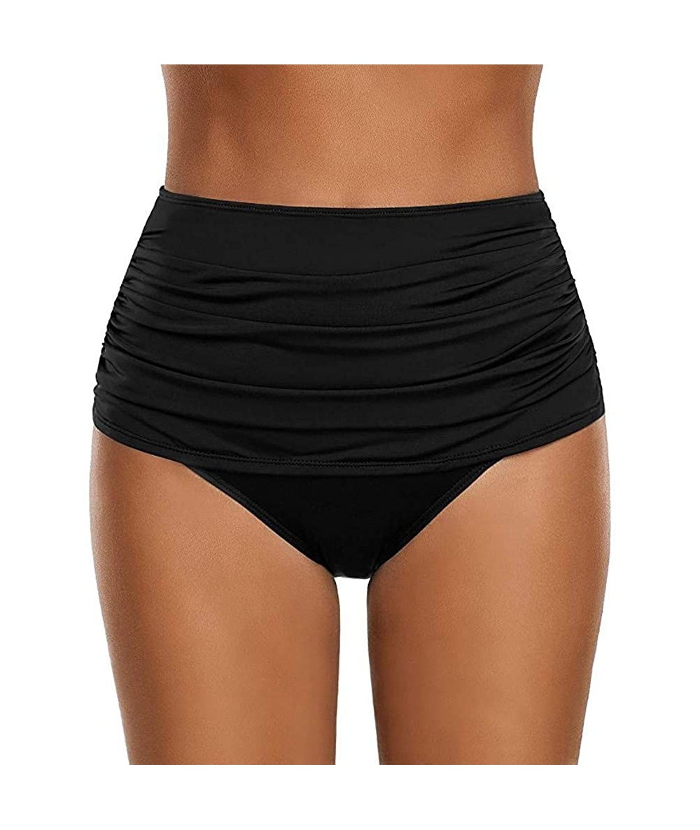 Bottoms Bikini Bottom for Women- Women's High Waisted Swim Bottom Ruched Bikini Tankini Swimsuit Briefs Plus Size - Black - C...