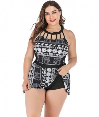 Sets Women's Plus Size Halter Swimdress Two Pieces Tankini Bikini Set Swimsuits - Black - CS18TE49O7O $55.75