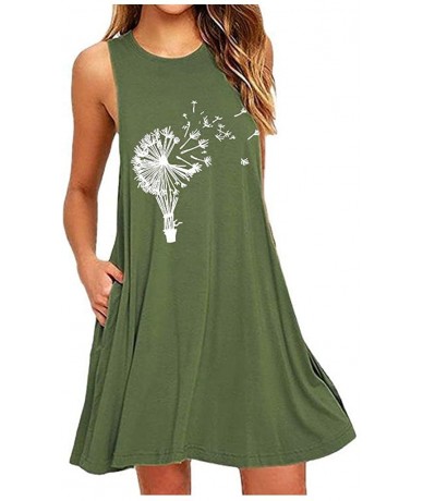 Cover-Ups Womens Dandelion Print Short Dress Casual Beach Sundress Mini A Line Sleeveless O Neck Tank Dress with Pocket Grene...