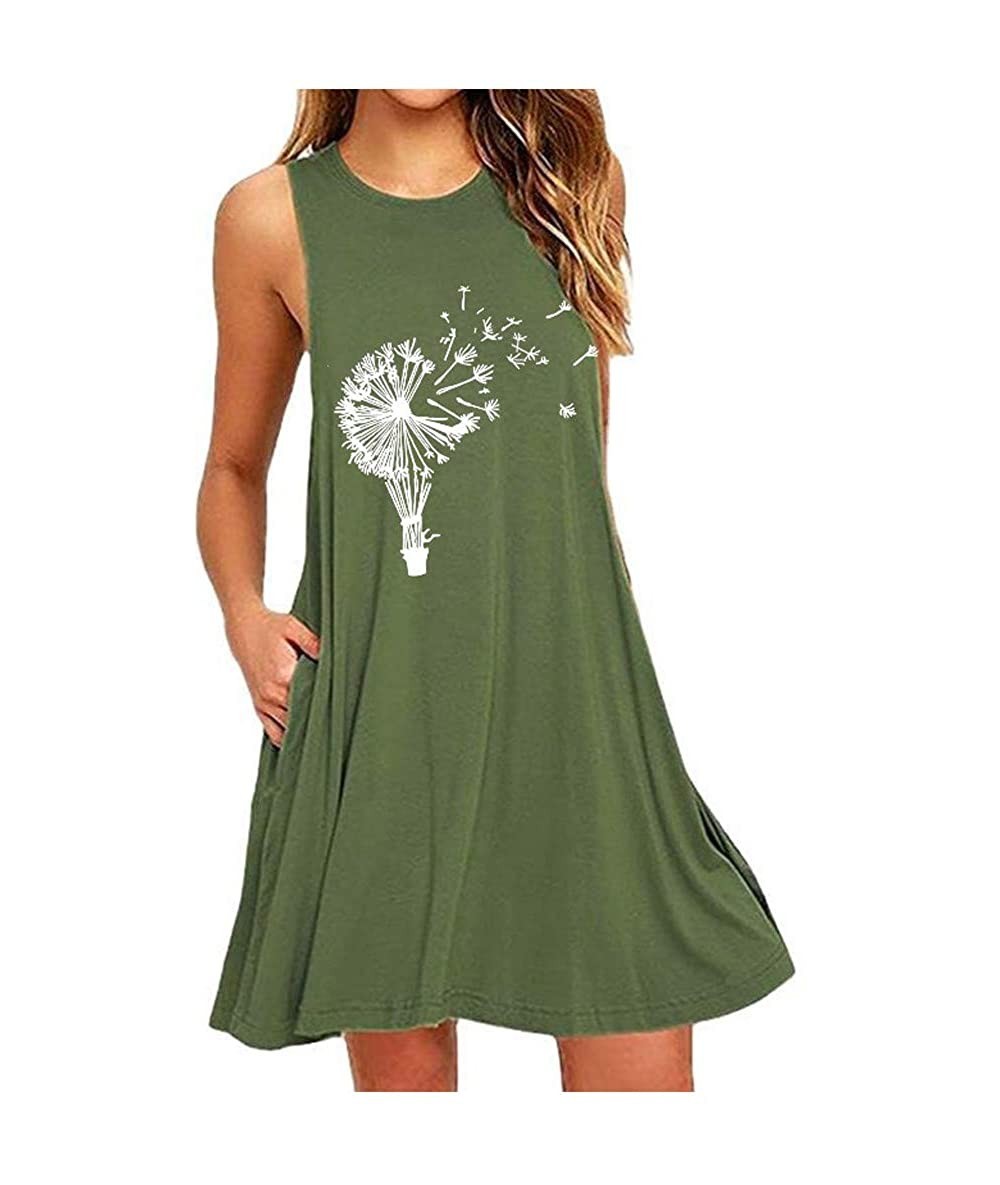 Cover-Ups Womens Dandelion Print Short Dress Casual Beach Sundress Mini A Line Sleeveless O Neck Tank Dress with Pocket Grene...