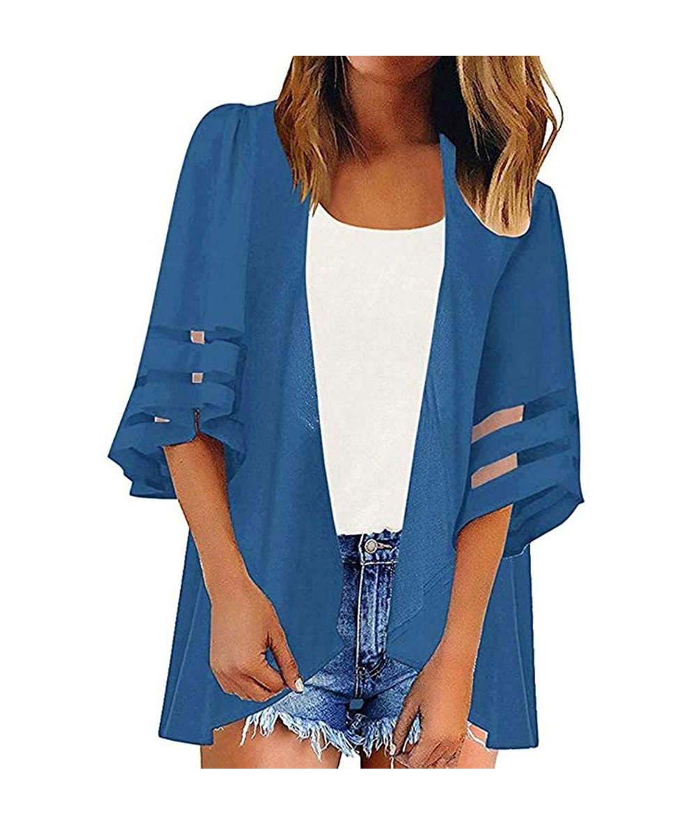 Cover-Ups Summer Woman's Beach Cardigan Mesh 3/4 Trumpet Sleeve Chiffon Kimono Coverup Casual Loose Smocked Shirt - Blue - CS...