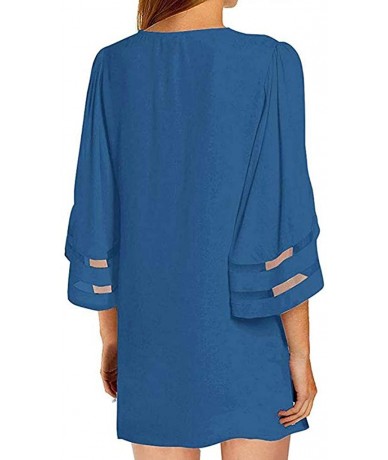 Cover-Ups Summer Woman's Beach Cardigan Mesh 3/4 Trumpet Sleeve Chiffon Kimono Coverup Casual Loose Smocked Shirt - Blue - CS...