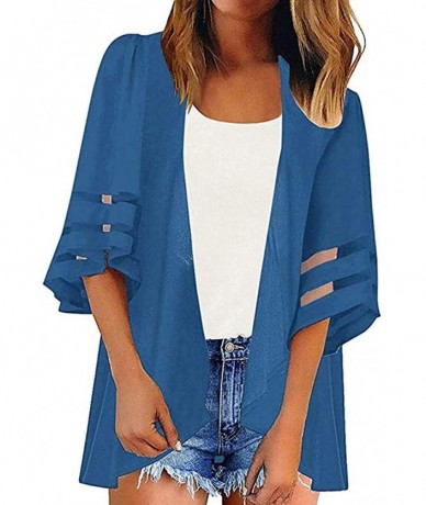 Cover-Ups Summer Woman's Beach Cardigan Mesh 3/4 Trumpet Sleeve Chiffon Kimono Coverup Casual Loose Smocked Shirt - Blue - CS...