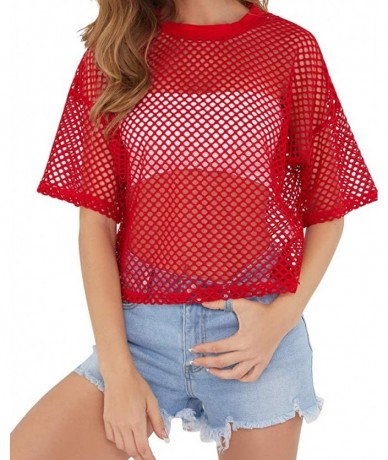 Cover-Ups Women's Mesh Cover Up See Through Fishnet T-Shirt Crop Top - Red - C618QEEZTRI $26.77