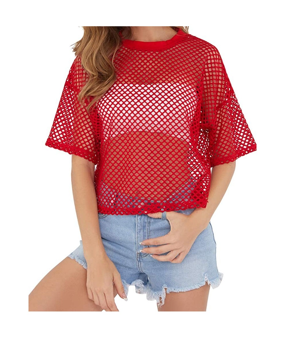 Cover-Ups Women's Mesh Cover Up See Through Fishnet T-Shirt Crop Top - Red - C618QEEZTRI $26.77