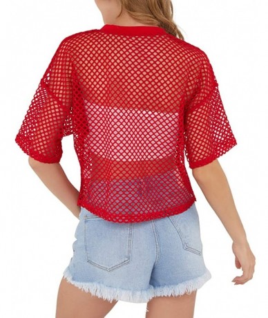 Cover-Ups Women's Mesh Cover Up See Through Fishnet T-Shirt Crop Top - Red - C618QEEZTRI $26.77