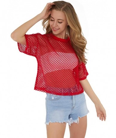 Cover-Ups Women's Mesh Cover Up See Through Fishnet T-Shirt Crop Top - Red - C618QEEZTRI $26.77