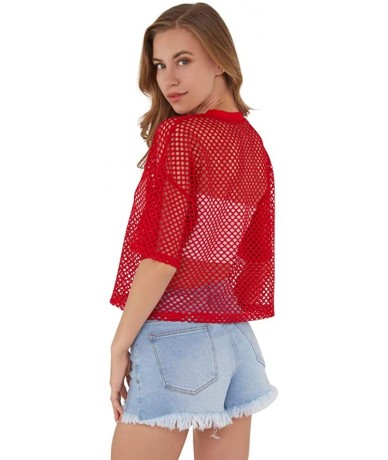 Cover-Ups Women's Mesh Cover Up See Through Fishnet T-Shirt Crop Top - Red - C618QEEZTRI $26.77