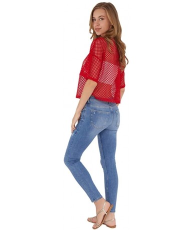 Cover-Ups Women's Mesh Cover Up See Through Fishnet T-Shirt Crop Top - Red - C618QEEZTRI $26.77