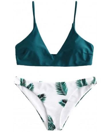 Sets Two Pieces Cross Sexy Bikini Bandage Leaf Printed Split Bathing Suits Swimwear Beachwear Set - Green - CW196IN40OC $32.59