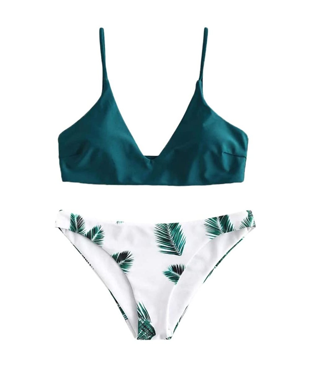 Sets Two Pieces Cross Sexy Bikini Bandage Leaf Printed Split Bathing Suits Swimwear Beachwear Set - Green - CW196IN40OC $32.59