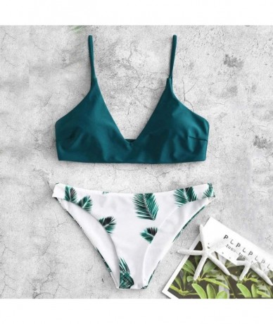 Sets Two Pieces Cross Sexy Bikini Bandage Leaf Printed Split Bathing Suits Swimwear Beachwear Set - Green - CW196IN40OC $32.59