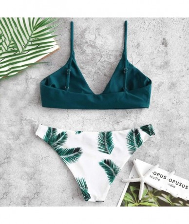 Sets Two Pieces Cross Sexy Bikini Bandage Leaf Printed Split Bathing Suits Swimwear Beachwear Set - Green - CW196IN40OC $32.59