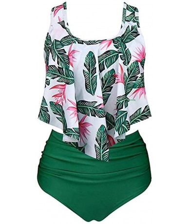 Tops Swimsuits Womens Two Piece Floral Ruffle High Waisted Bikini Set Tummy Control Bathing Suit Swimwear - Green - CC19626LD...