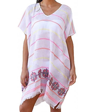 Cover-Ups Swimsuit Cover Ups for Women Summer Perspective Stripe Print Tassel Swimsuit V-Neck Plus Size - Pink - CM18SS8KK6Q ...