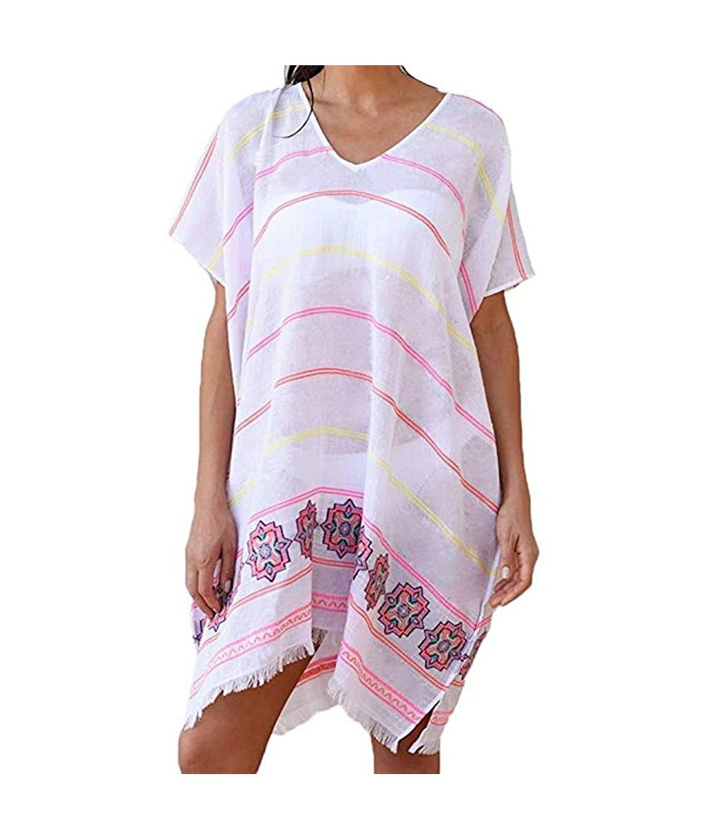 Cover-Ups Swimsuit Cover Ups for Women Summer Perspective Stripe Print Tassel Swimsuit V-Neck Plus Size - Pink - CM18SS8KK6Q ...