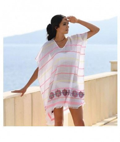 Cover-Ups Swimsuit Cover Ups for Women Summer Perspective Stripe Print Tassel Swimsuit V-Neck Plus Size - Pink - CM18SS8KK6Q ...