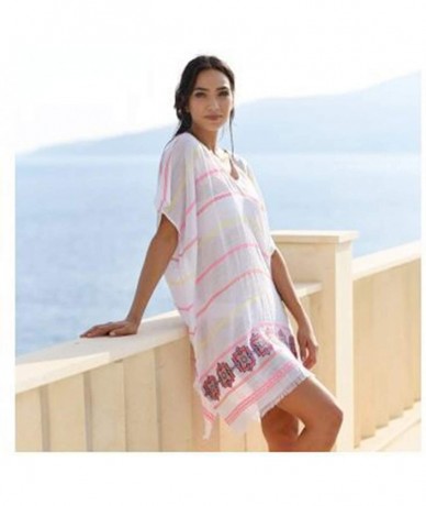 Cover-Ups Swimsuit Cover Ups for Women Summer Perspective Stripe Print Tassel Swimsuit V-Neck Plus Size - Pink - CM18SS8KK6Q ...