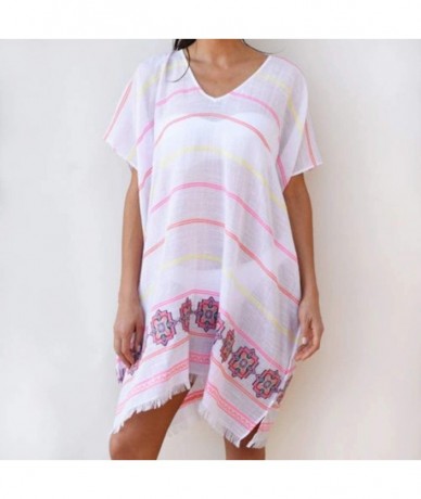 Cover-Ups Swimsuit Cover Ups for Women Summer Perspective Stripe Print Tassel Swimsuit V-Neck Plus Size - Pink - CM18SS8KK6Q ...