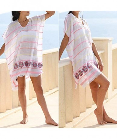 Cover-Ups Swimsuit Cover Ups for Women Summer Perspective Stripe Print Tassel Swimsuit V-Neck Plus Size - Pink - CM18SS8KK6Q ...