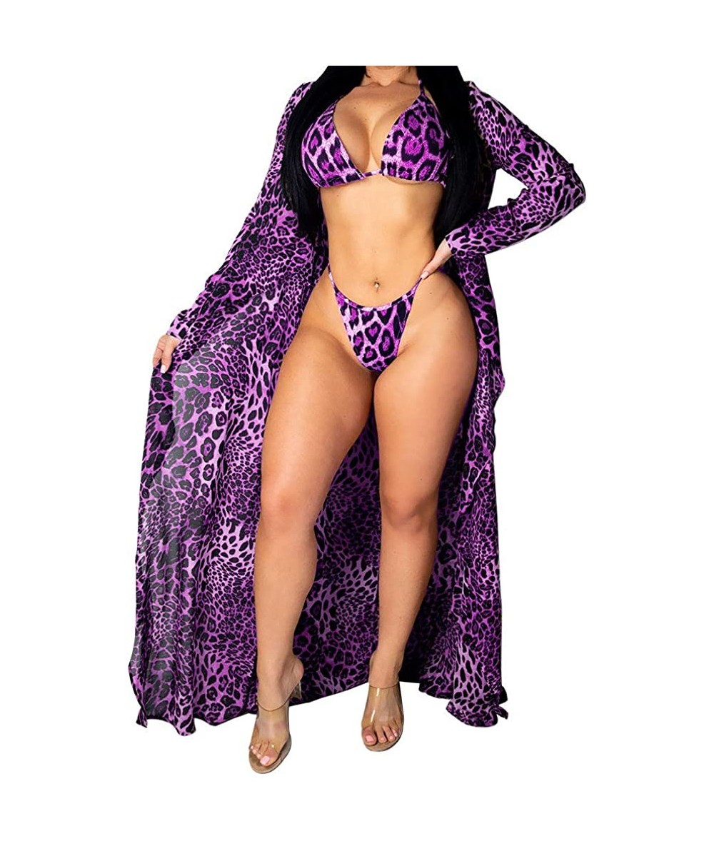 One-Pieces Women's Boho Long Sleeve Colorful Floral Printed Swimsuit One Piece Bikini Sets with Beach Cover Up Purple Leopard...