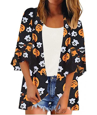 Cover-Ups Womens Kimono Cardigan- Mesh Panel 3/4 Bell Sleeve Solid Color Floral Open Front Cover Up Tops Blouses - Halloween ...