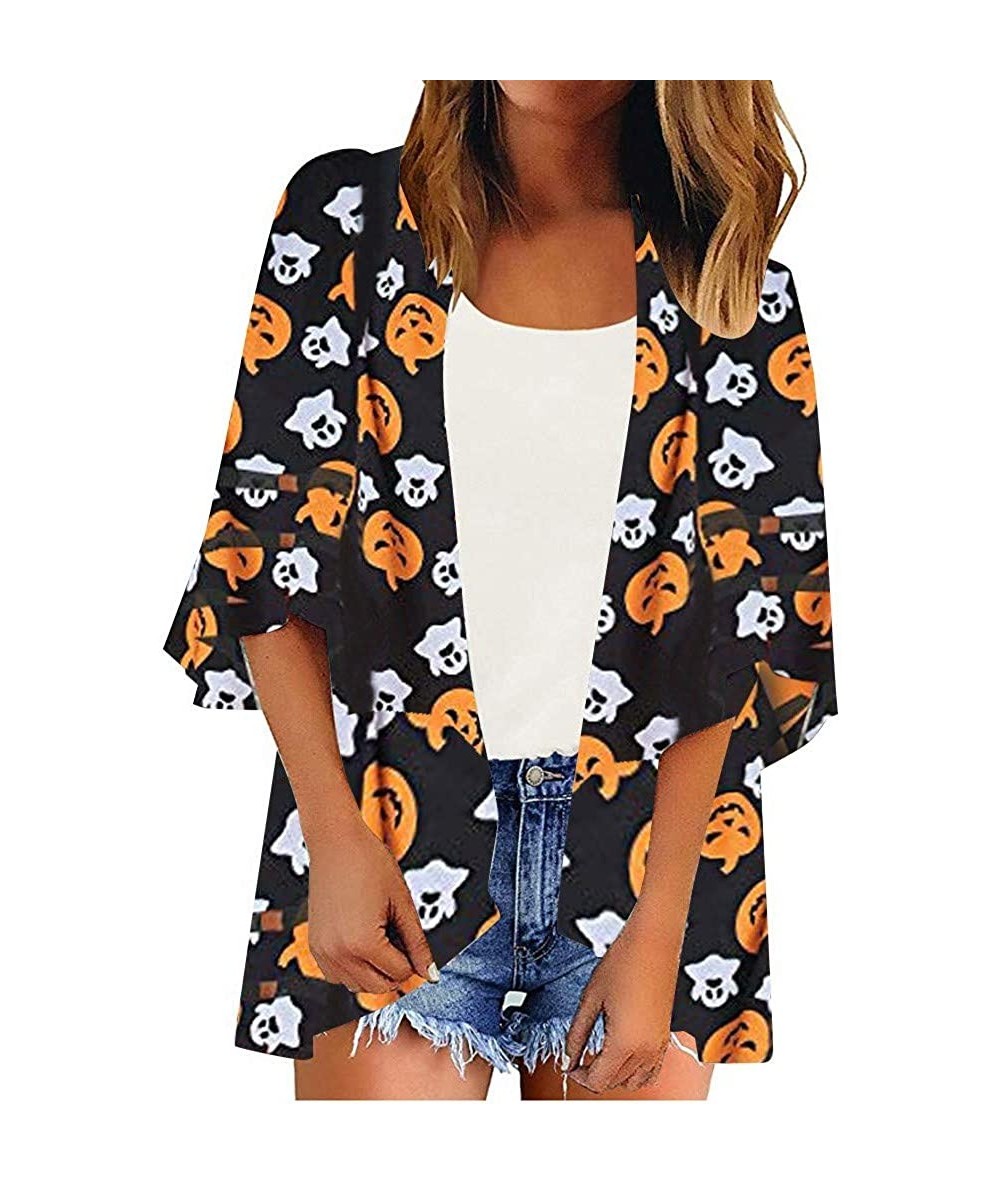 Cover-Ups Womens Kimono Cardigan- Mesh Panel 3/4 Bell Sleeve Solid Color Floral Open Front Cover Up Tops Blouses - Halloween ...