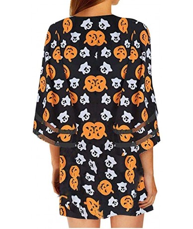 Cover-Ups Womens Kimono Cardigan- Mesh Panel 3/4 Bell Sleeve Solid Color Floral Open Front Cover Up Tops Blouses - Halloween ...