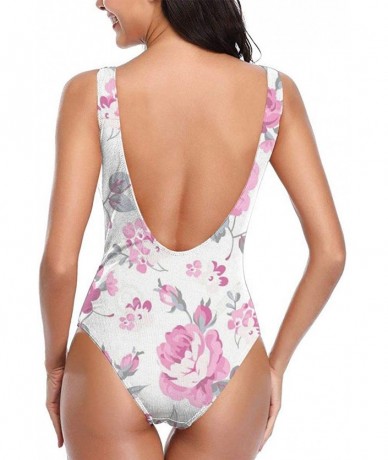 One-Pieces Pink Floral One Piece Swimsuit for Women U Neck Backness Swimsuits Beachwear - White - CV19D3664U6 $64.69