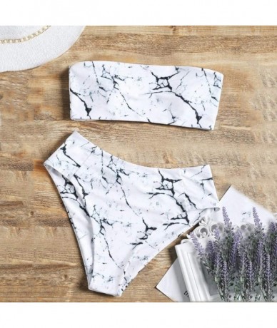 Sets Swimsuit Woman Tube Top Bra High Waist Bikini 2 Pieces | Marble Print - 2020 - White ❤️ - C8194C9689R $20.77