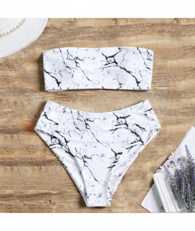 Sets Swimsuit Woman Tube Top Bra High Waist Bikini 2 Pieces | Marble Print - 2020 - White ❤️ - C8194C9689R $20.77