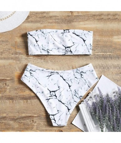 Sets Swimsuit Woman Tube Top Bra High Waist Bikini 2 Pieces | Marble Print - 2020 - White ❤️ - C8194C9689R $20.77