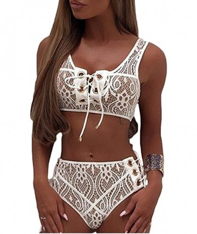 Sets Women's Sexy Bikini Sets Lace Up 2PCS Front Tie Side Bottom Body Suit Lace Swimwear - White - CY18GE3C60L $39.98