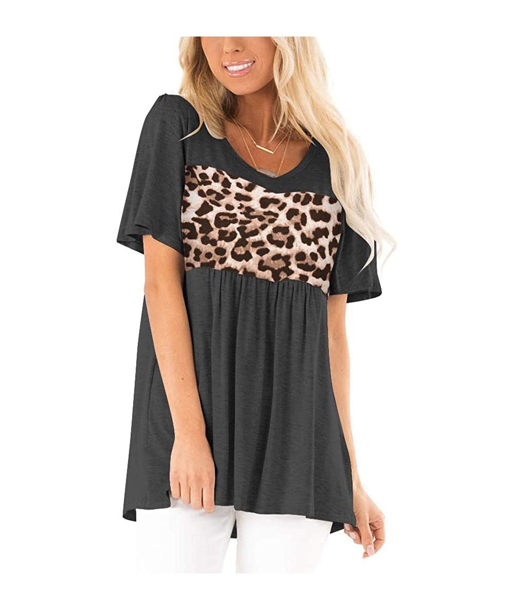 Tankinis Womens Round Neck Short Sleeve Leopard Print Patchwork Loose Casual T Shirt Tops - Black - CB12DY13YAZ $32.31