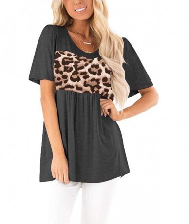 Tankinis Womens Round Neck Short Sleeve Leopard Print Patchwork Loose Casual T Shirt Tops - Black - CB12DY13YAZ $32.31