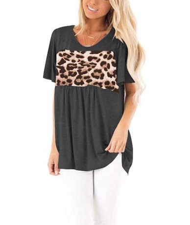 Tankinis Womens Round Neck Short Sleeve Leopard Print Patchwork Loose Casual T Shirt Tops - Black - CB12DY13YAZ $32.31