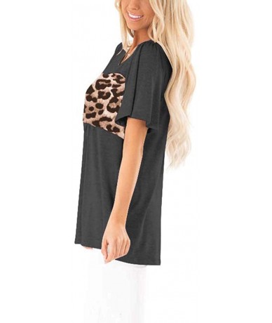 Tankinis Womens Round Neck Short Sleeve Leopard Print Patchwork Loose Casual T Shirt Tops - Black - CB12DY13YAZ $32.31