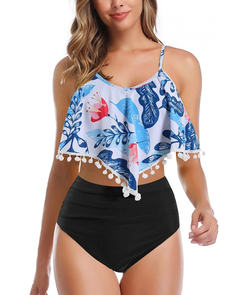 Sets Woemn Bikini Two Piece High Waisted Swimsuit Ruffled Flounce Tassel Bathing Suits - Blue Floral + Black - CA19DHXZ5W8 $4...