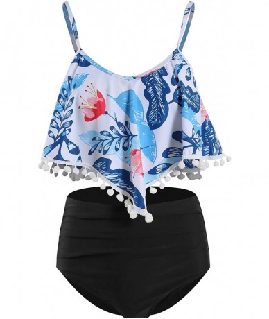 Sets Woemn Bikini Two Piece High Waisted Swimsuit Ruffled Flounce Tassel Bathing Suits - Blue Floral + Black - CA19DHXZ5W8 $4...