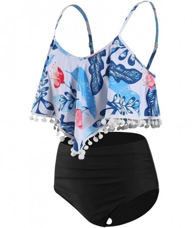 Sets Woemn Bikini Two Piece High Waisted Swimsuit Ruffled Flounce Tassel Bathing Suits - Blue Floral + Black - CA19DHXZ5W8 $4...