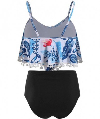 Sets Woemn Bikini Two Piece High Waisted Swimsuit Ruffled Flounce Tassel Bathing Suits - Blue Floral + Black - CA19DHXZ5W8 $4...