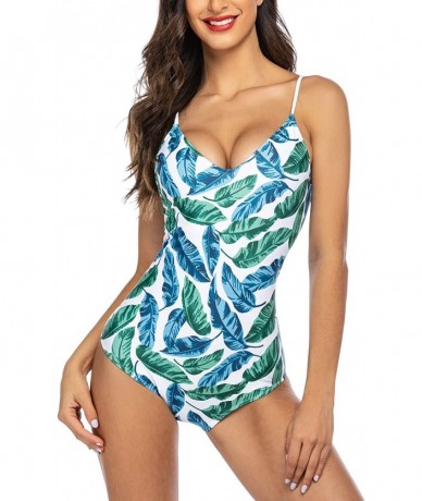 One-Pieces One Piece Swimsuit High Waist Swimwear Women Monokini Sexy Cross Lace Up Low Back Bathing Suits Blue&white Leaves ...