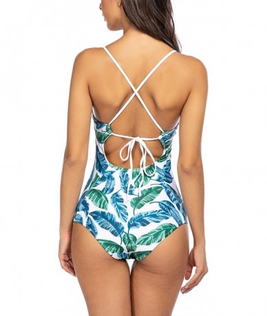 One-Pieces One Piece Swimsuit High Waist Swimwear Women Monokini Sexy Cross Lace Up Low Back Bathing Suits Blue&white Leaves ...