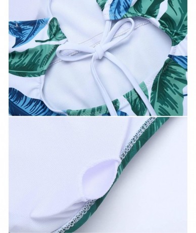 One-Pieces One Piece Swimsuit High Waist Swimwear Women Monokini Sexy Cross Lace Up Low Back Bathing Suits Blue&white Leaves ...