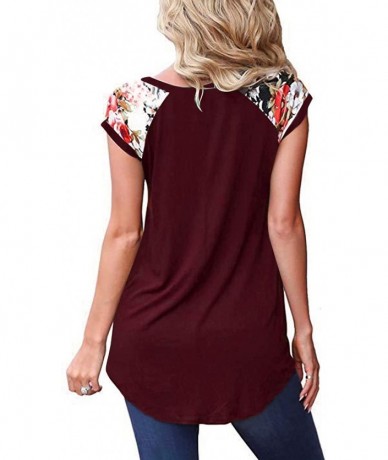 Rash Guards Womens Short Sleeve T Shirts Casual Floral Print Block Blouses Tops - Red - C918S5OHSSN $24.99