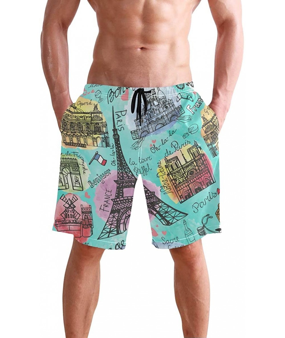 Racing Men's Swim Trunks Tropical Beach with Palm Tree Quick Dry Beach Board Shorts with Pockets - Paris France - CZ18QW7AYME...